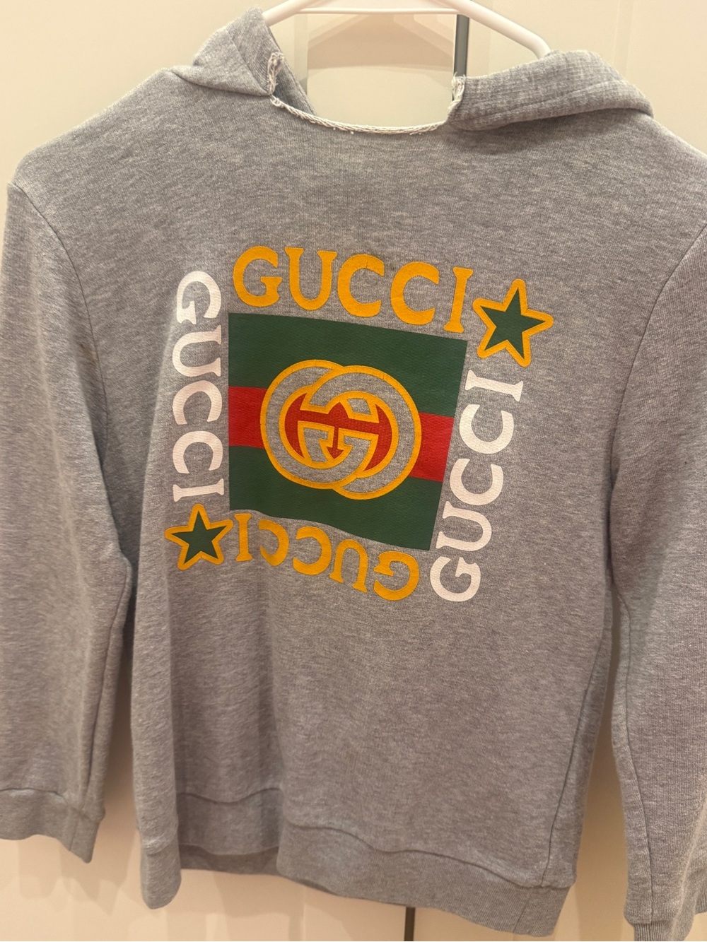 Gucci Gray Kids Hoodie with Green & Red Logo